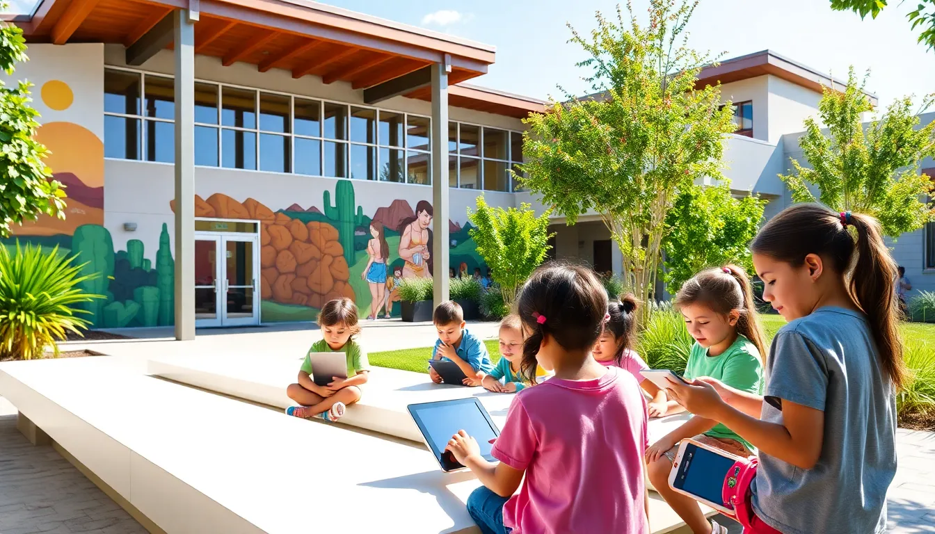 children collaborating in a bright outdoor space at Los Coyotes Elementary School.