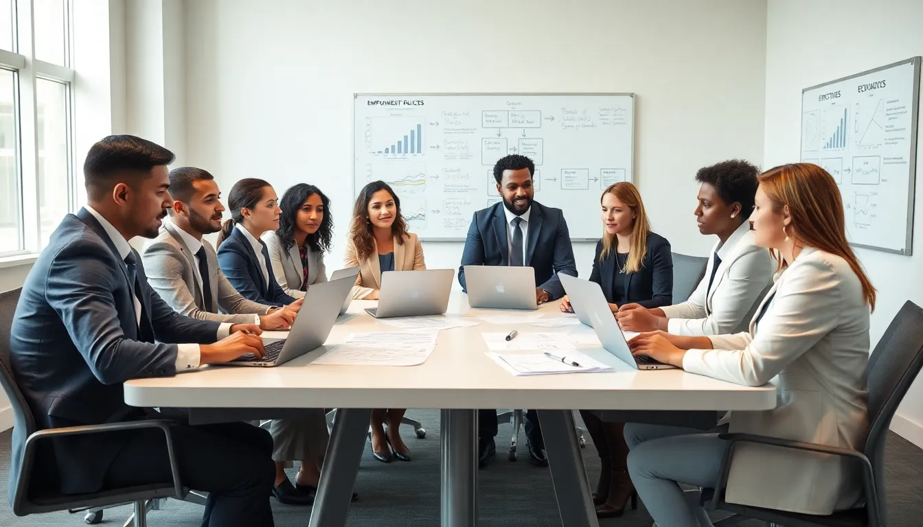 diverse professionals discussing employment policies in a modern office.