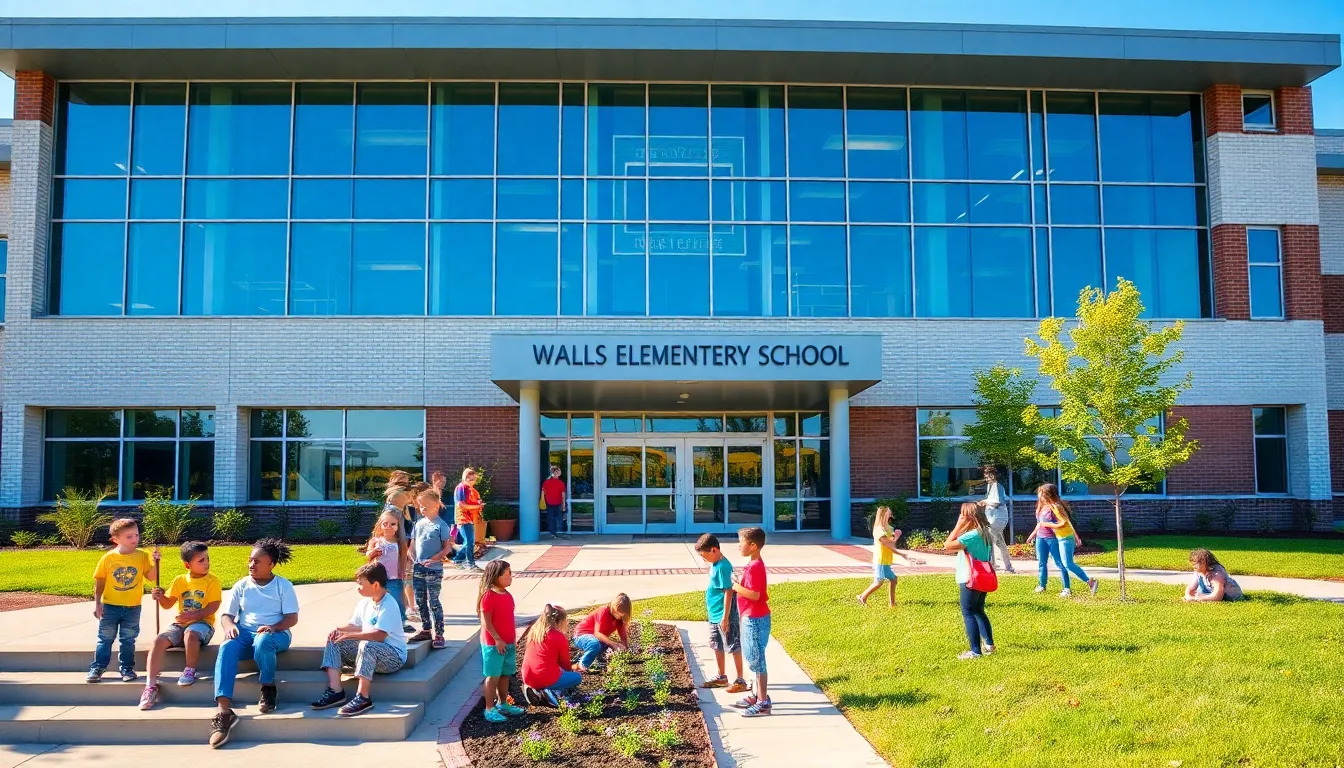 Walls Elementary School with children outside, showcasing a vibrant learning environment.