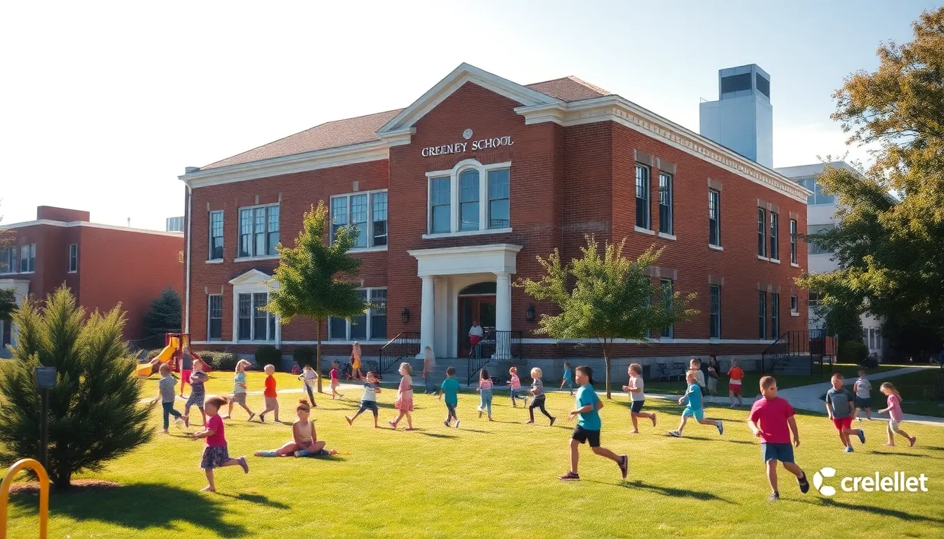 Historic Greeley Elementary School with children playing in the playground.