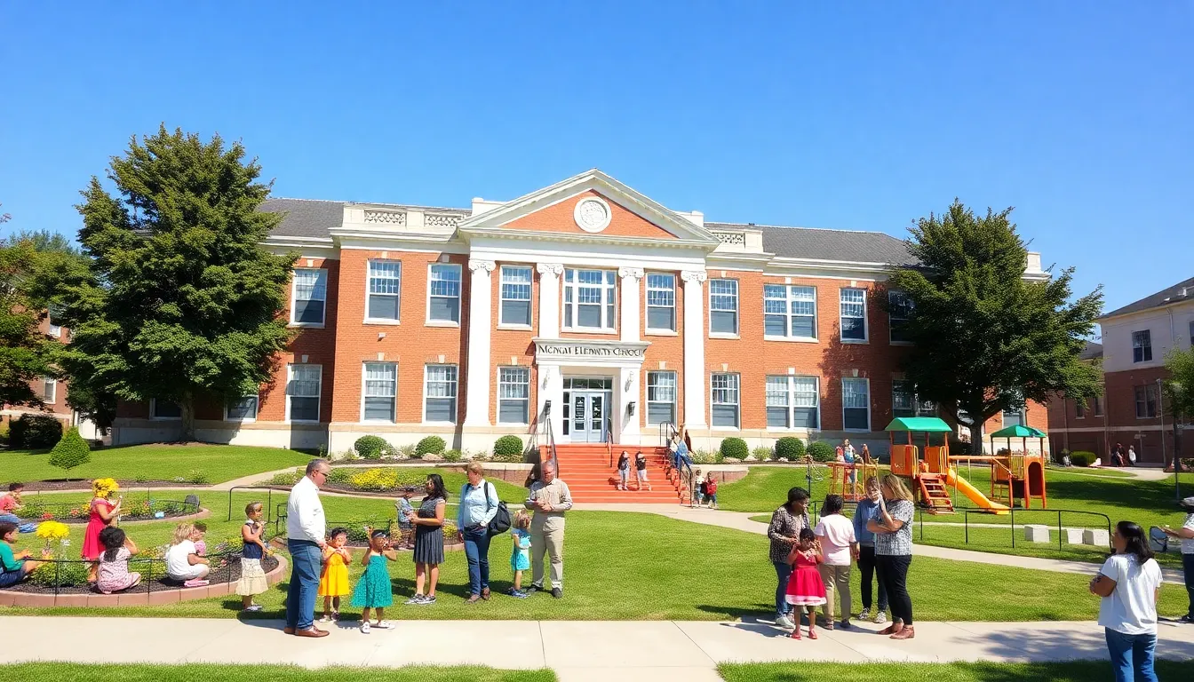 McNab Elementary School exterior with children playing and community members engaging.