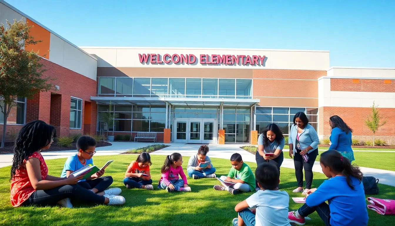 children and teachers engaged outside Willow Bend Elementary School.