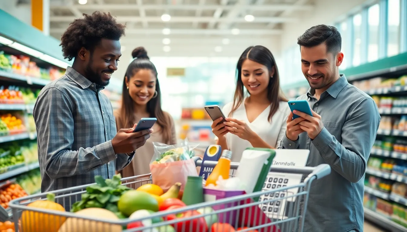 diverse shoppers in a grocery store using a bill calculator on smartphones.