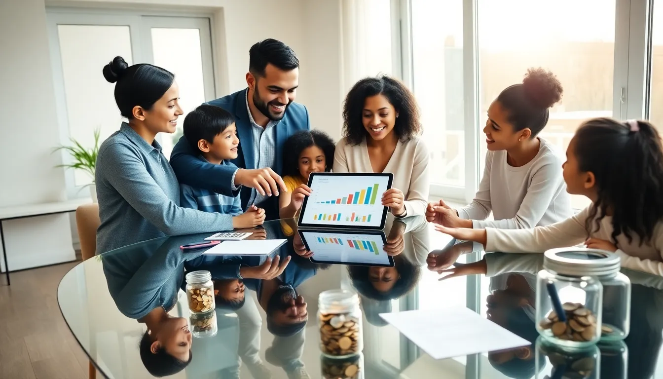 family discussing finances around a modern dining table.