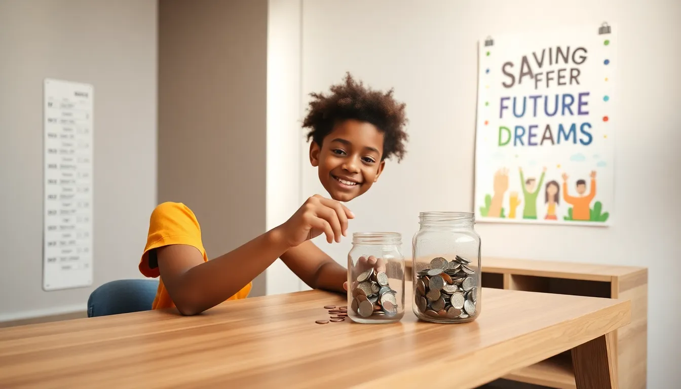 child learning to save money with coins and a savings jar.